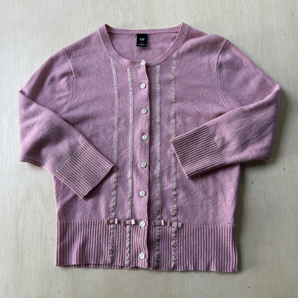 Gap Sweater Womens Medium Pink Button Front Bow Trim Crew Neck Knit Cardigan